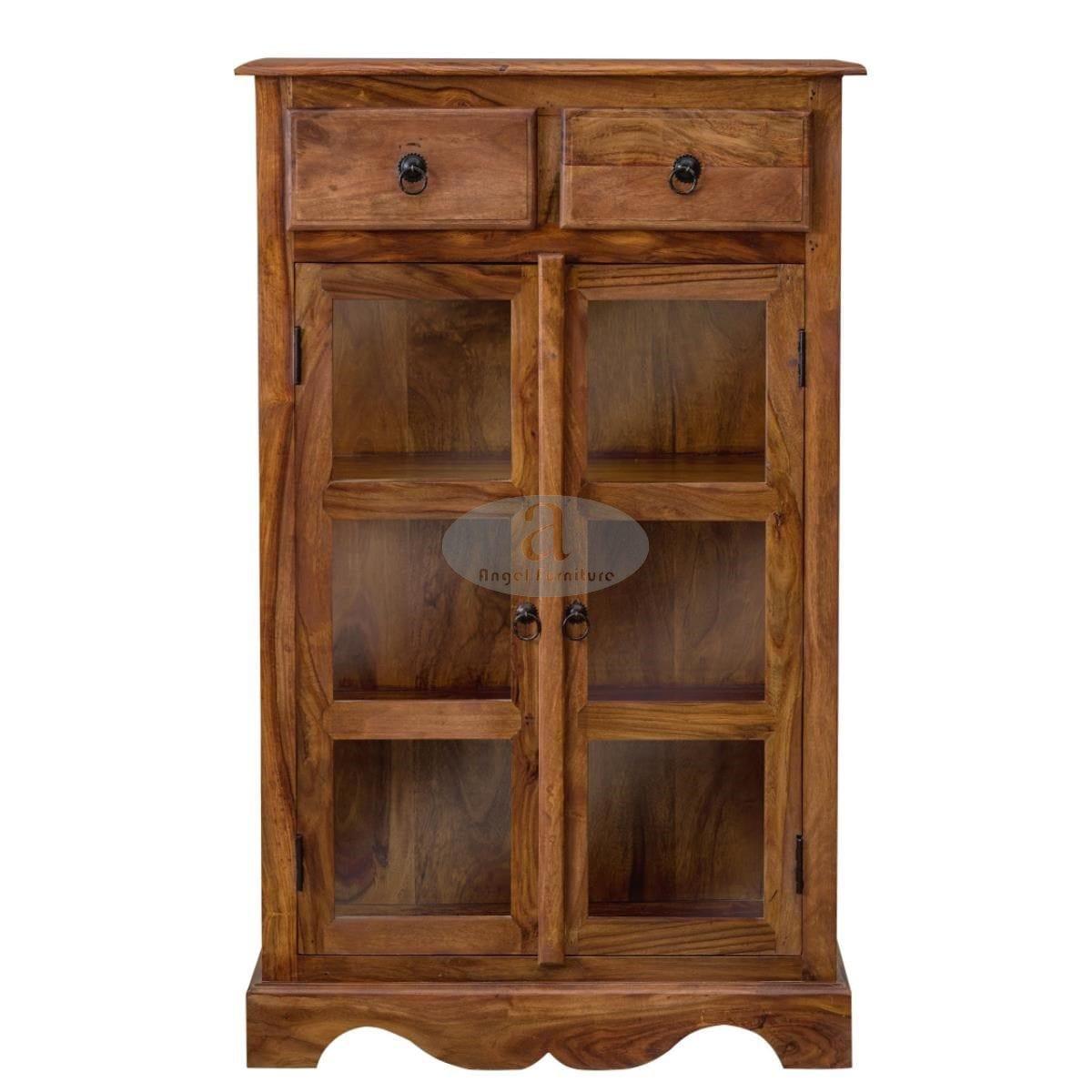 Sheesham Wood Two Drawer Crockery Cabinet Medium In Honey Finish - Ouch Cart