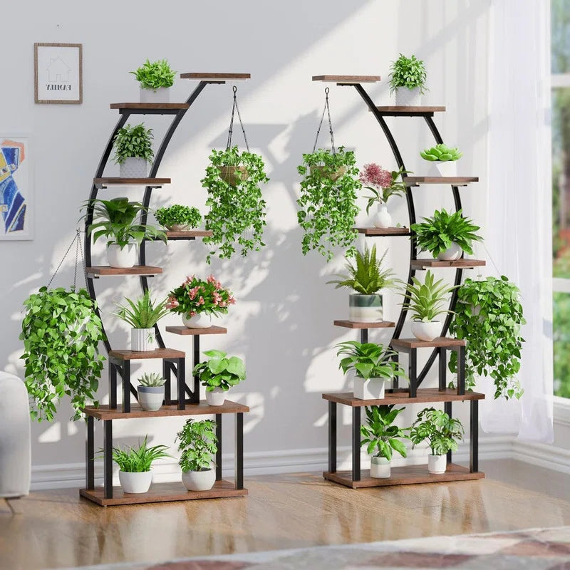 9-Tier Indoor Plant Stand with Grow Lights | Multi-Layer Metal & Wood Shelf Rack for Home Gardening OUCH CART