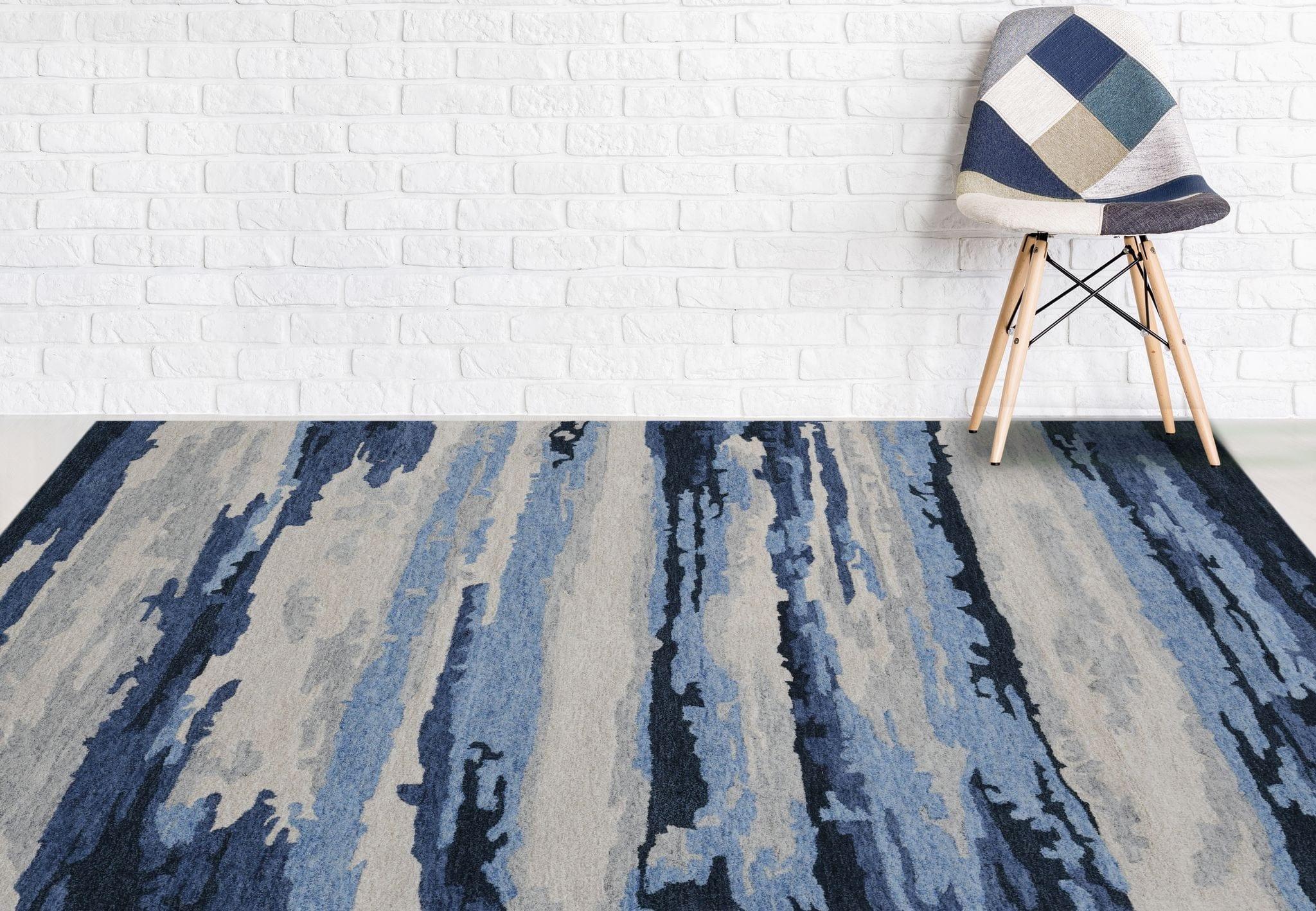 Navy Wool & Viscose Abstract 5x8 Feet Hand-Tufted Carpet - Rug - Ouch Cart
