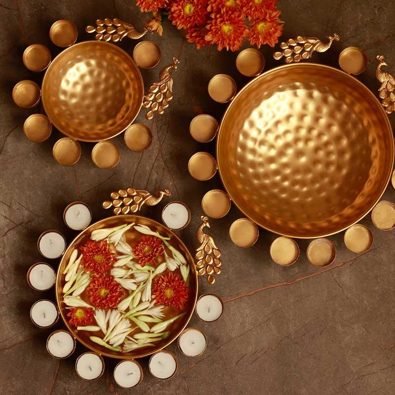 Peacock Style Brass Urli With Tealight | Set Of 3 - Ouch Cart