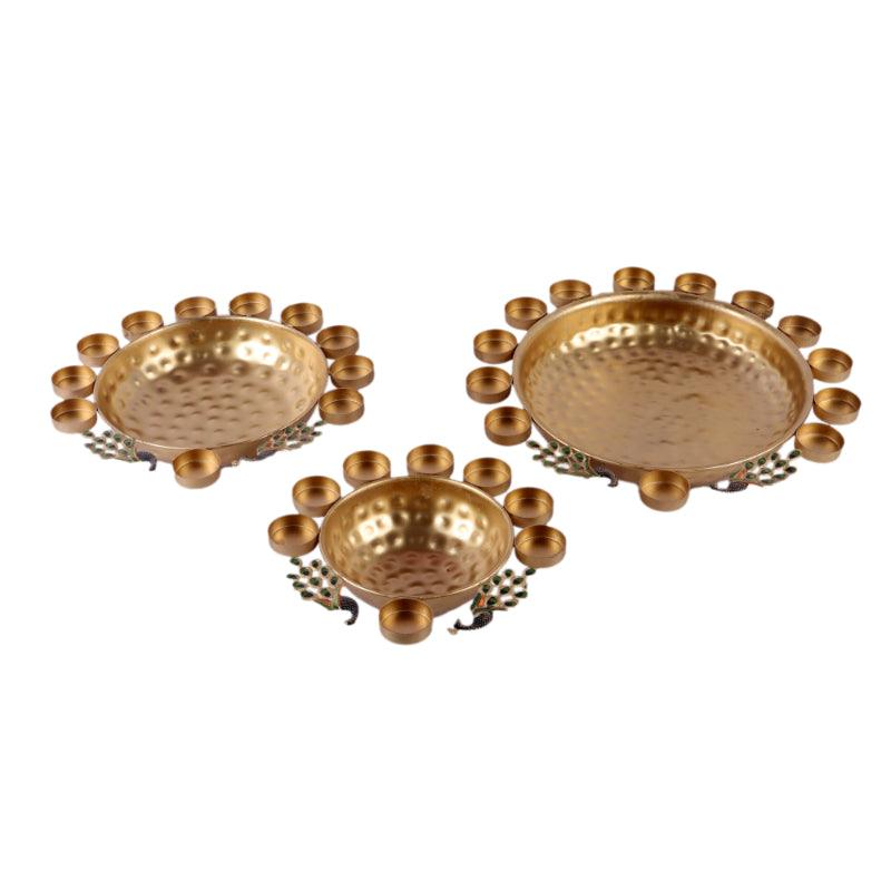 Peacock Style Brass Urli With Tealight | Set Of 3 - Ouch Cart