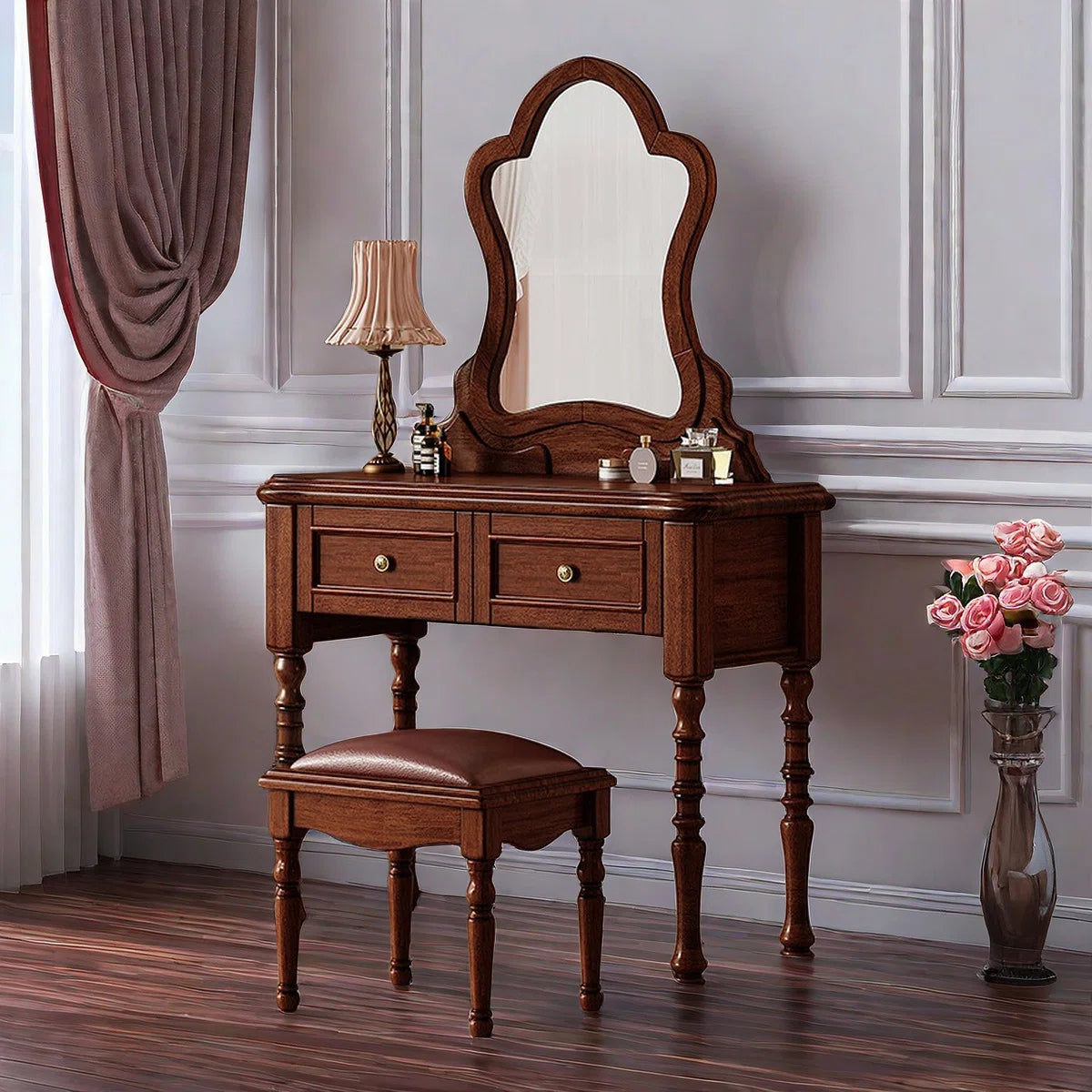 Vintage Mahogany Makeup Vanity Set with Petal Mirror & Stool Ouch Cart