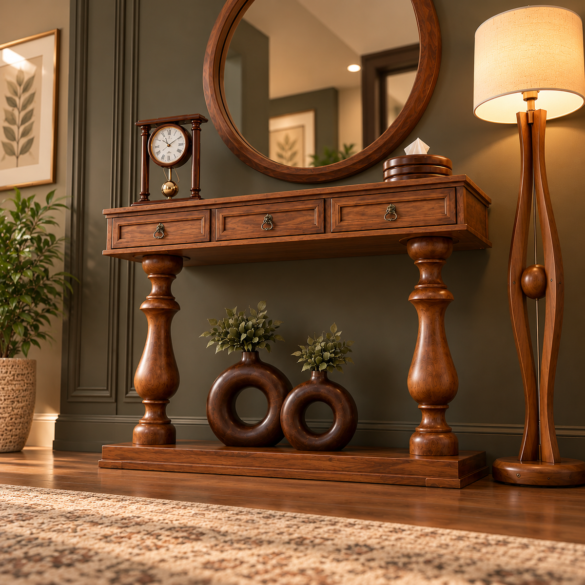 Traditional Wooden Console Table with 3 Drawers, Antique Brass Handles, Turned Legs and Walnut Finish for Living Room & Entryway