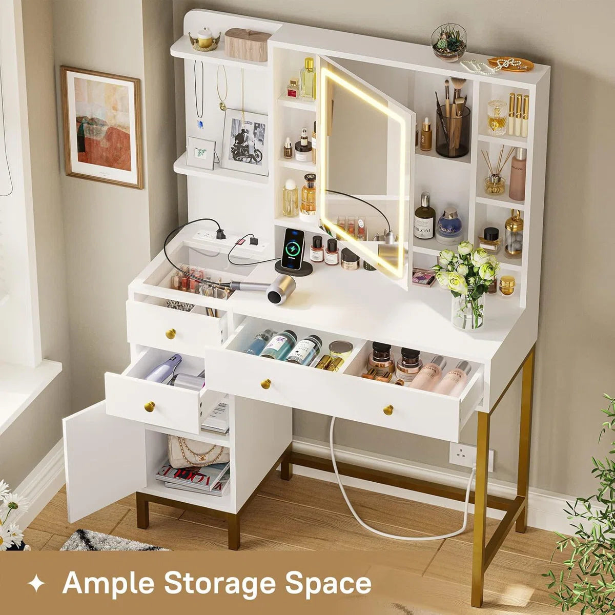 Lighted Makeup Vanity Desk with 4 Drawers and Cabinet for Bedroom, 15.7"D x 38.6"W x 54.3"H-OUCH CART | Dressing table