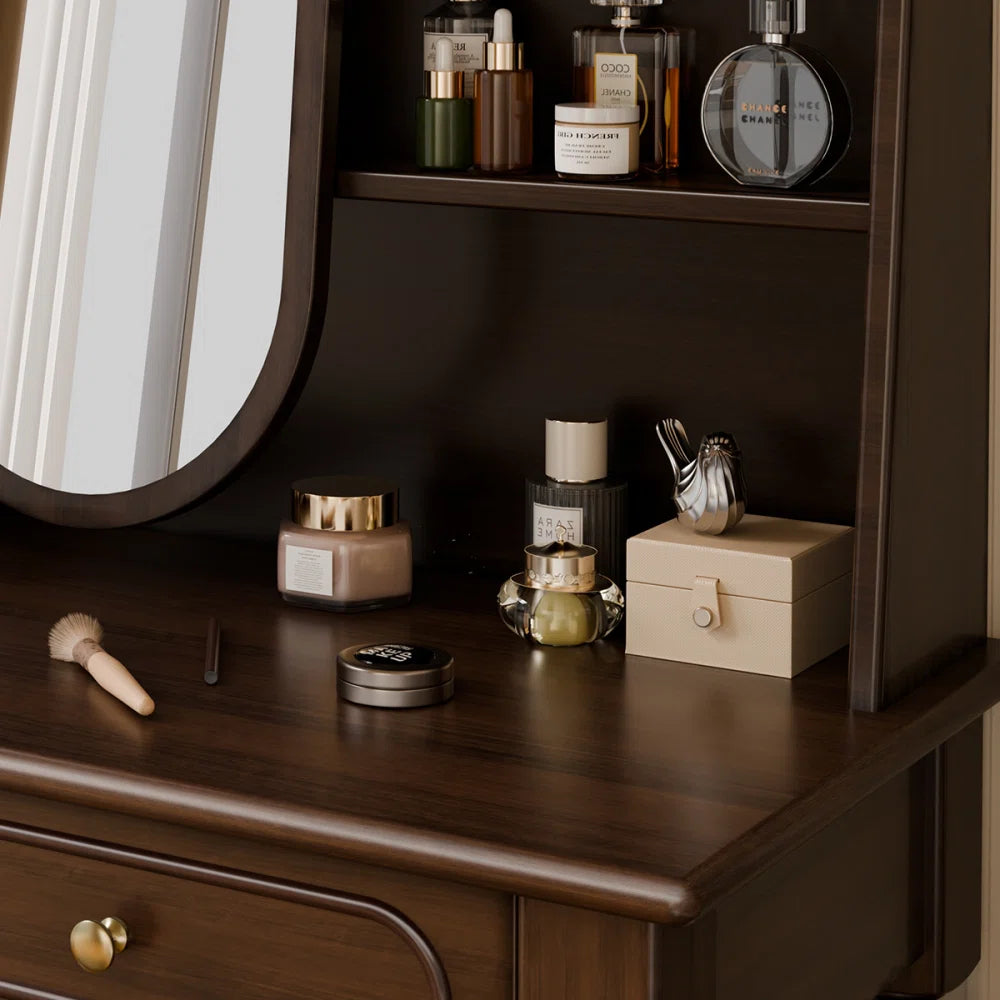 Title: Solid Wood Dressing Table with Stool & Ample Storage – Dark Brown Finish