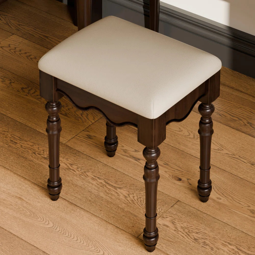 Title: Solid Wood Dressing Table with Stool & Ample Storage – Dark Brown Finish