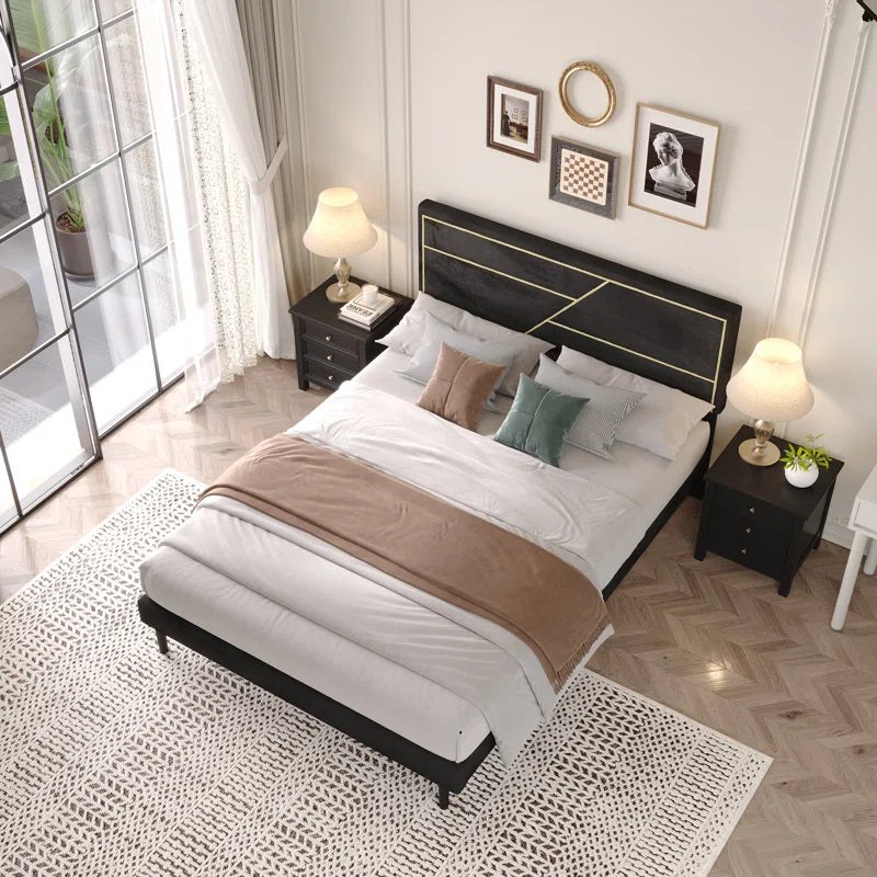 Upholstered Platform Bed, Modern Bed Frame with Velvet Headboard, No Spring Boxing Needed