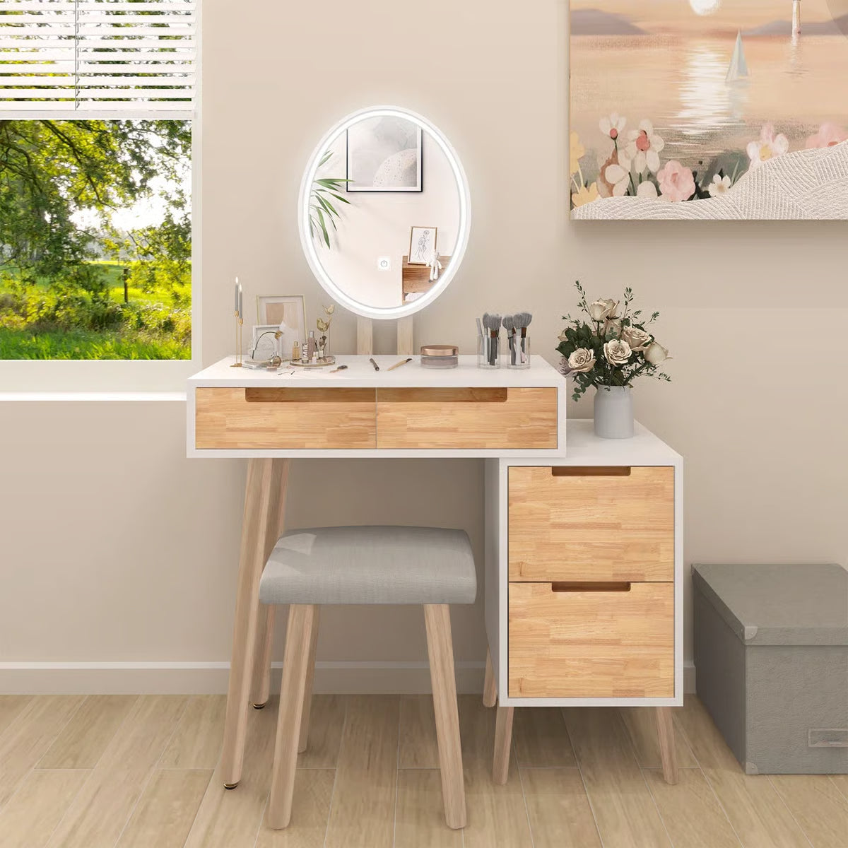 Makeup Vanity Desk with 3-Mode LED Mirror, 4 Drawers, Cushioned Stool, and Adjustable Storage Cabinet - OUCH CART | Dressing table