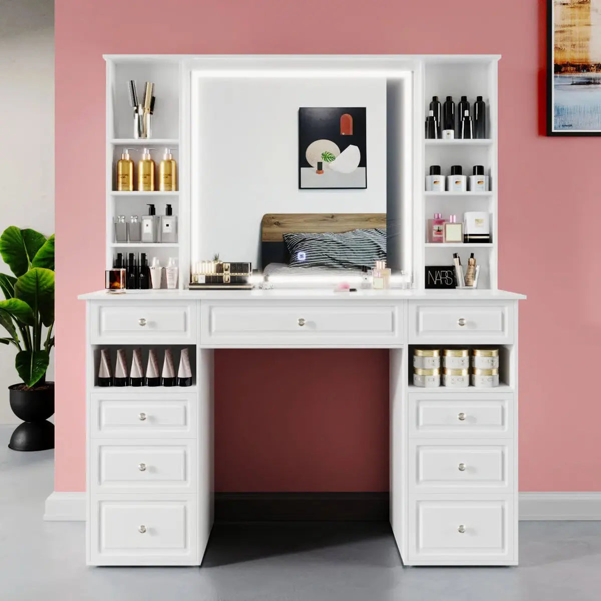Large 47โโ Vanity Desk with LED Lighted Adjustable Mirror and 9 Storage Drawers- OUCH CART | Dressing table