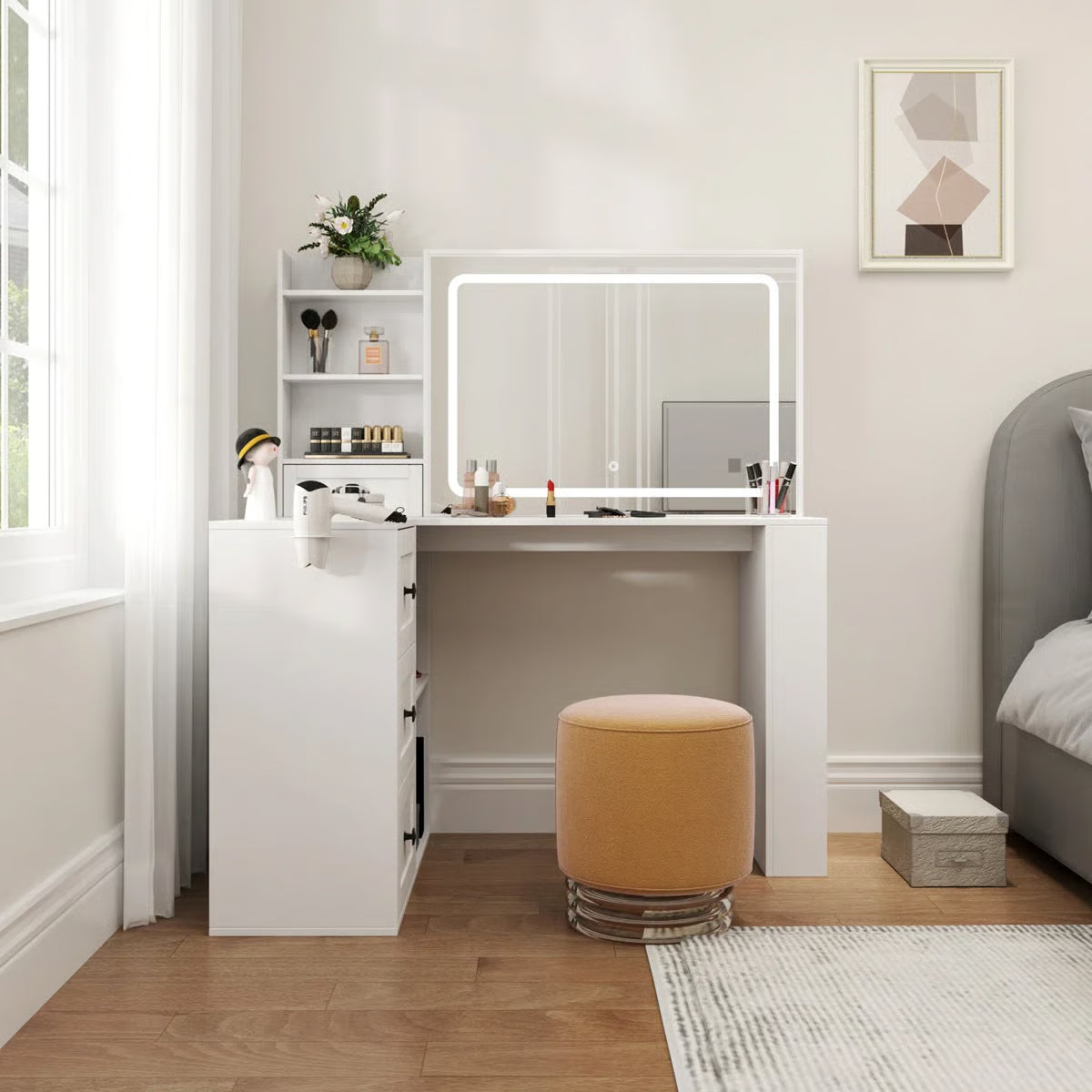 Vanity Desk with LED Lights, Power Strip, 3 Large Drawers โ Makeup Organizer-OUCH CART |Dressing table