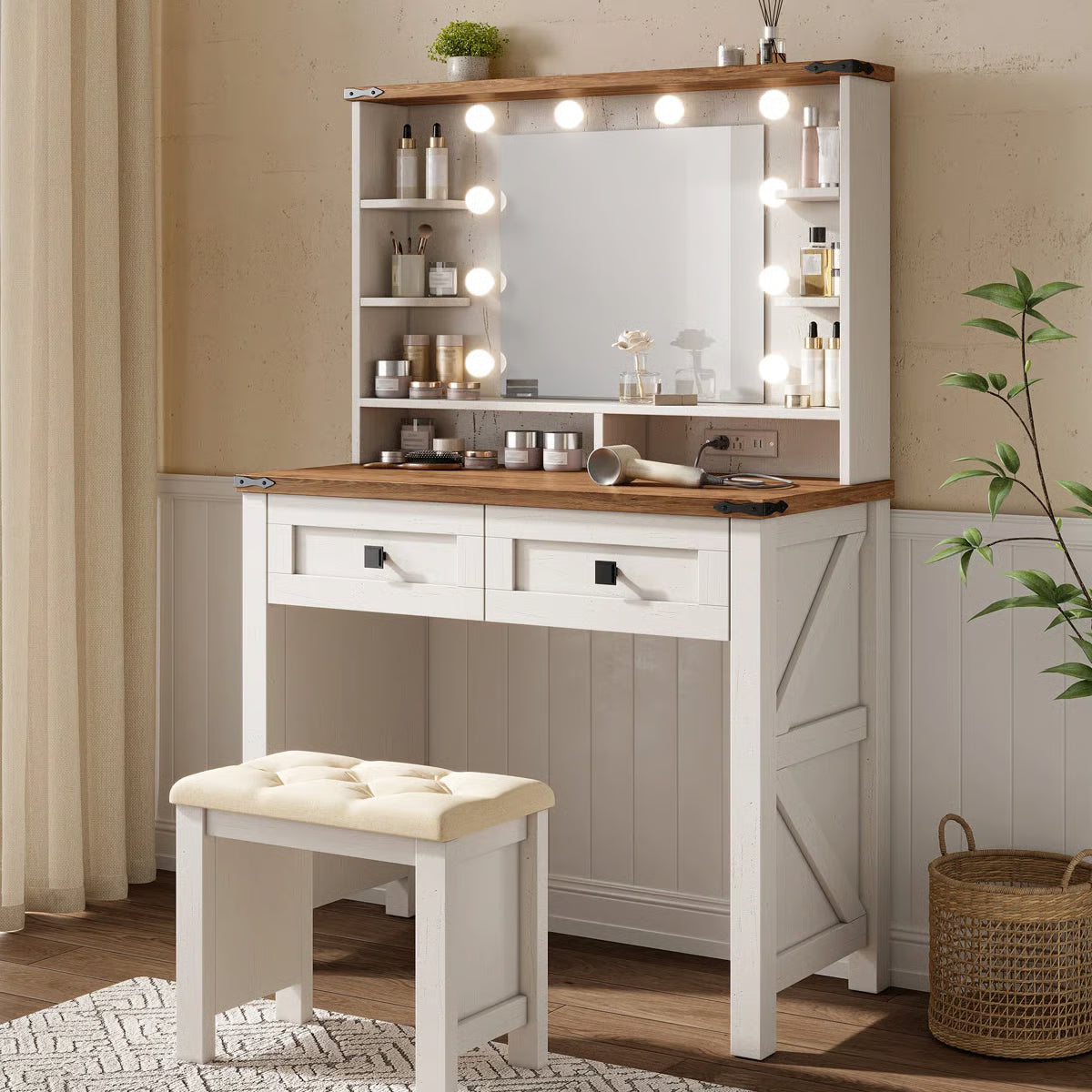 31.5" Farmhouse Vanity Desk with LED Lighted Mirror, Adjustable 3-Color Lighting, Storage Drawers & Shelves, and Charging Station at OUCH CART - OUCH CART | Dressing table