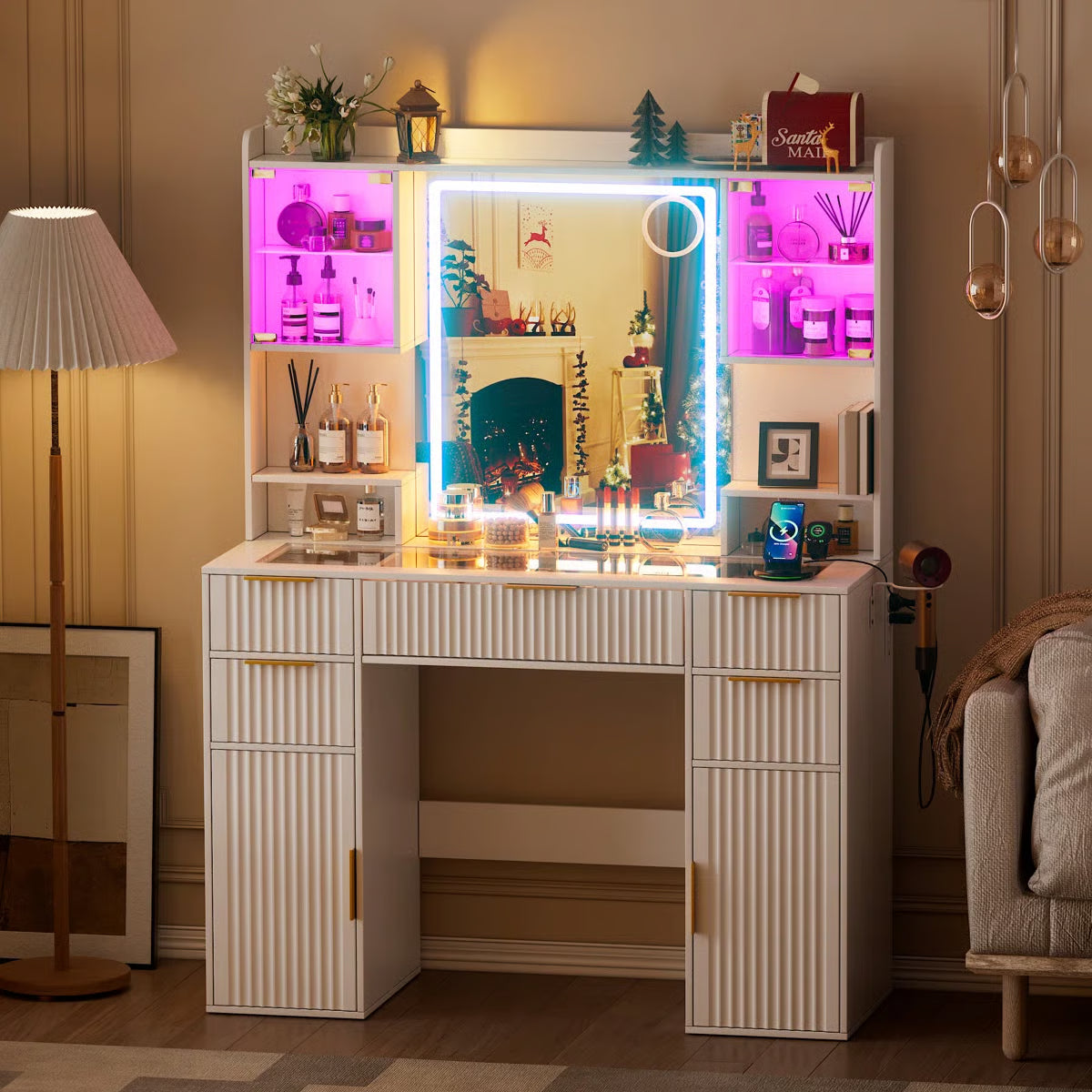 Fluted Lighted Makeup Vanity Table with 3-Color LED Lighting and Glass Top