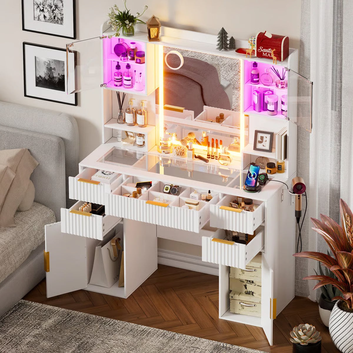 Fluted Lighted Makeup Vanity Table with 3-Color LED Lighting and Glass Top