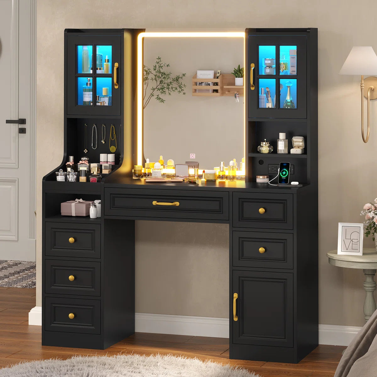 Modern Vanity Desk with 6 Drawers, Touch Control Mirror & Lights, RGB Cabinets, Charging Station, and Hooks