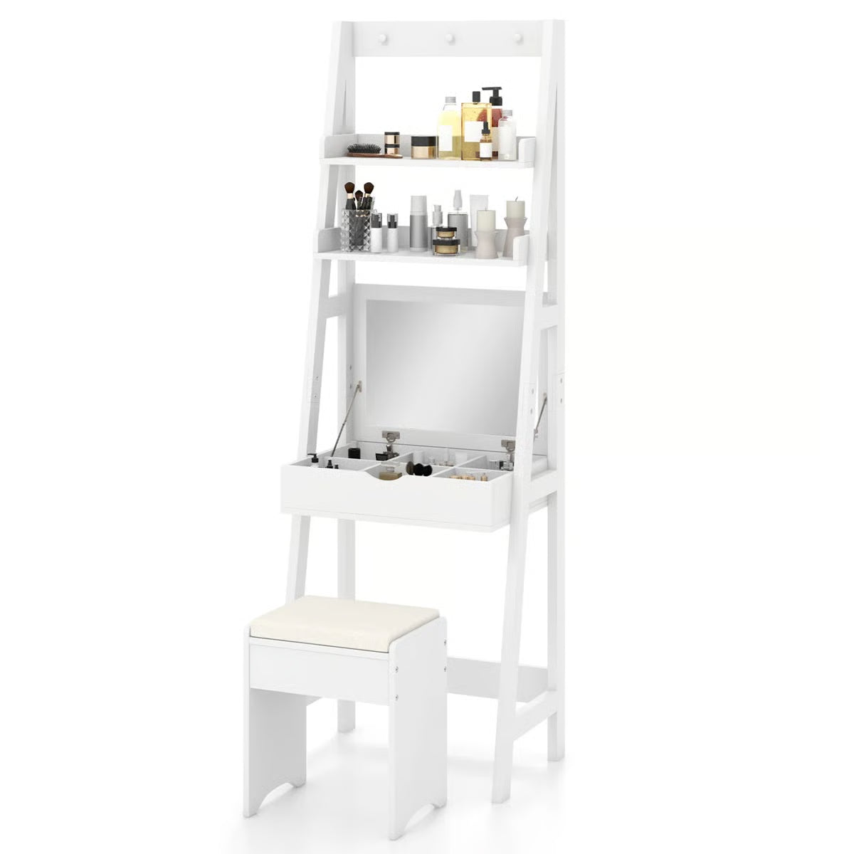 Flip-Up Makeup Vanity Desk – 3-Color LED Mirror, 6 Compartments & Stool Included-OUCH CART |Dressing table