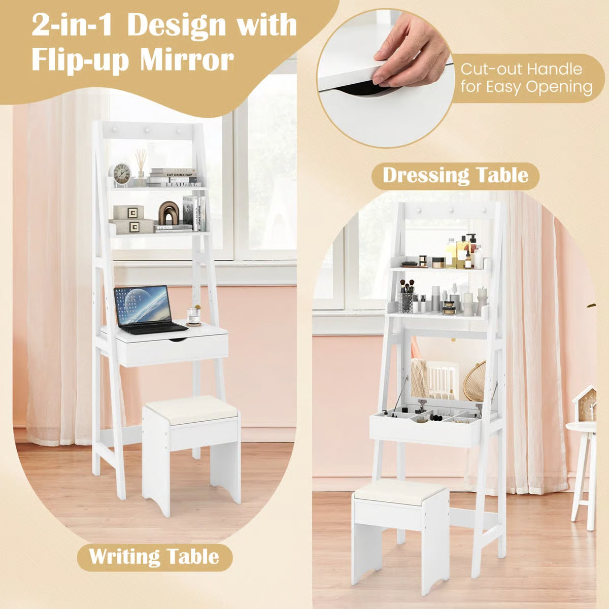 Flip-Up Makeup Vanity Desk – 3-Color LED Mirror, 6 Compartments & Stool Included