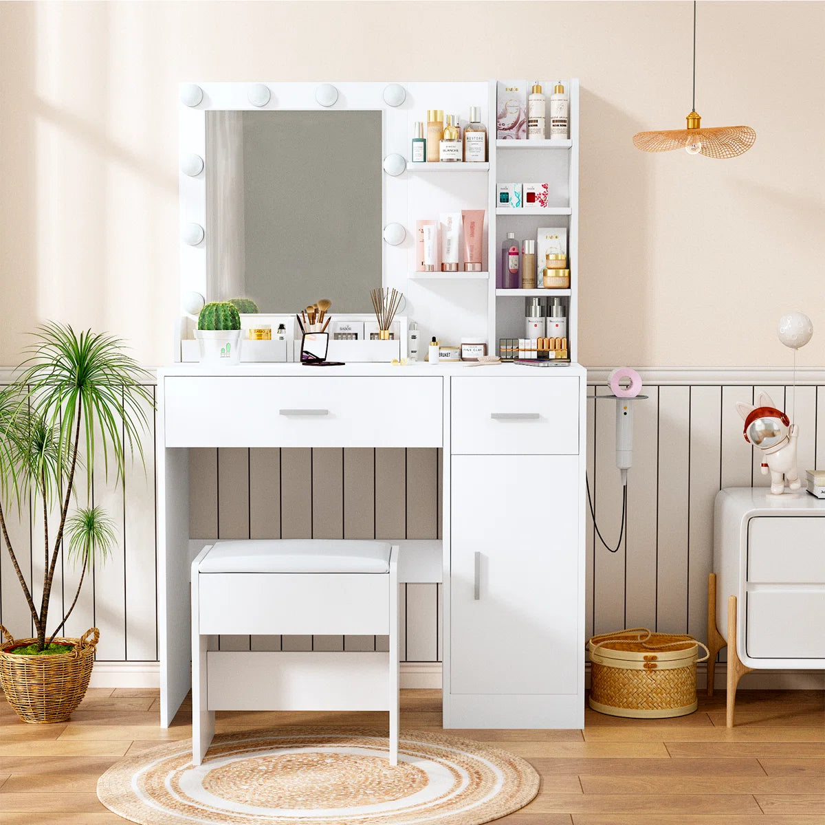 Lighted Vanity Table with Mirror and Comfortable Stool