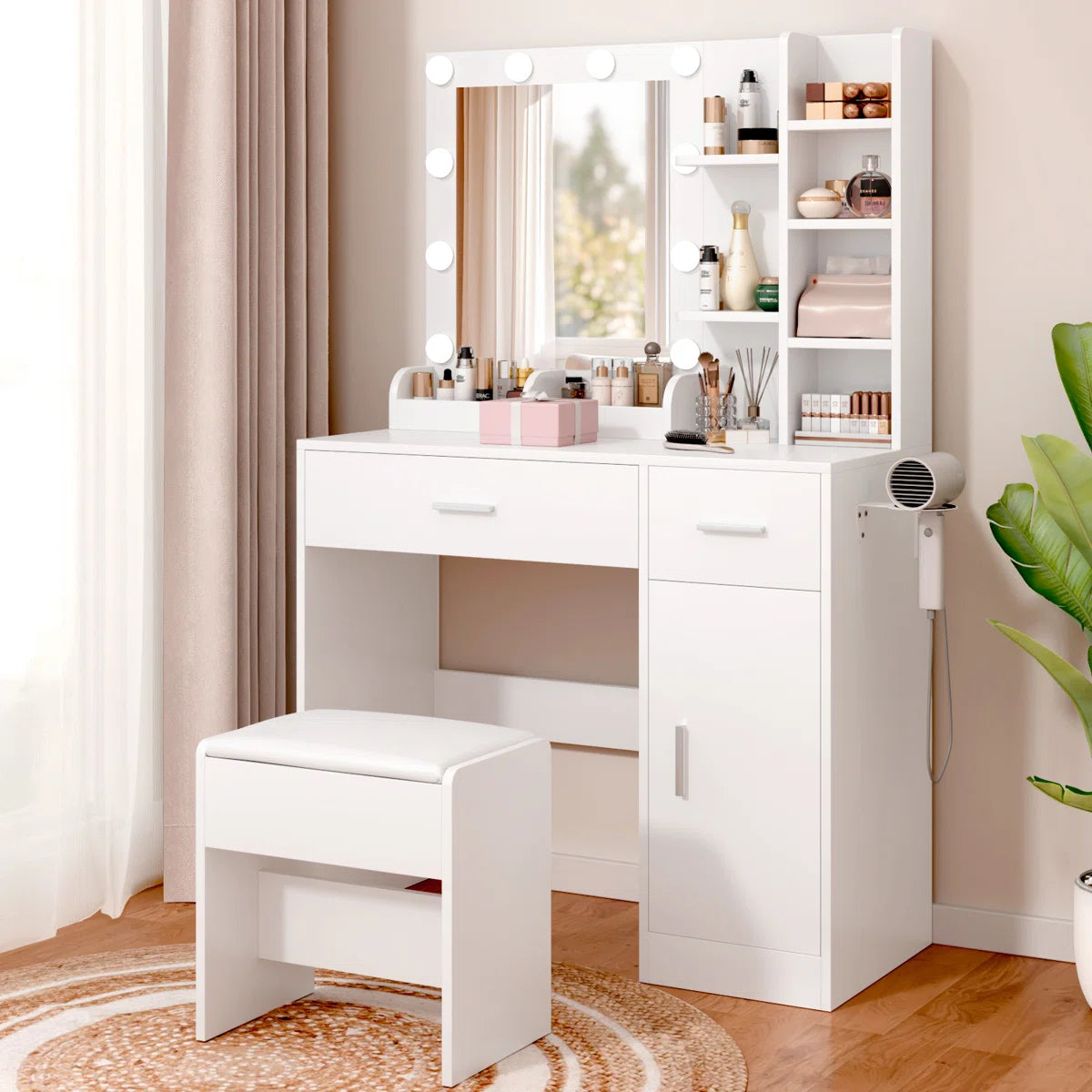 Lighted Vanity Table with Mirror and Comfortable Stool- OUCH CART | Dressing table