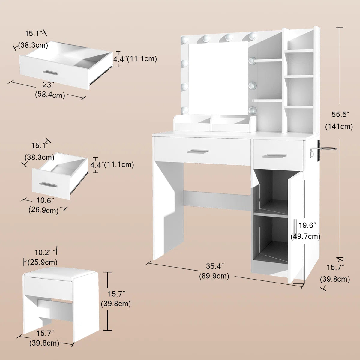 Lighted Vanity Table with Mirror and Comfortable Stool