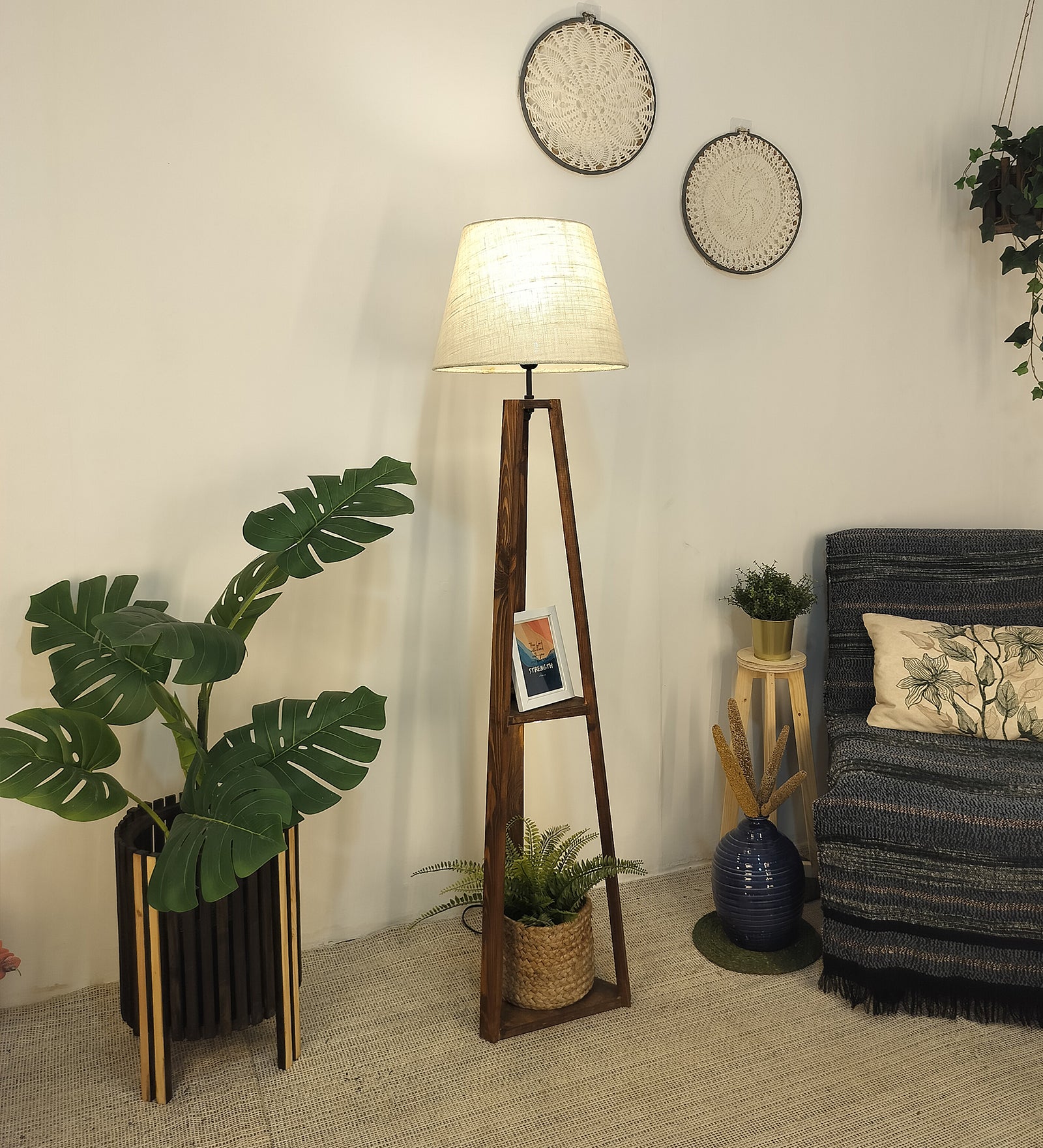 Vantage Wooden Floor Lamp with Brown Base and Jute Fabric Lampshade (BULB NOT INCLUDED)