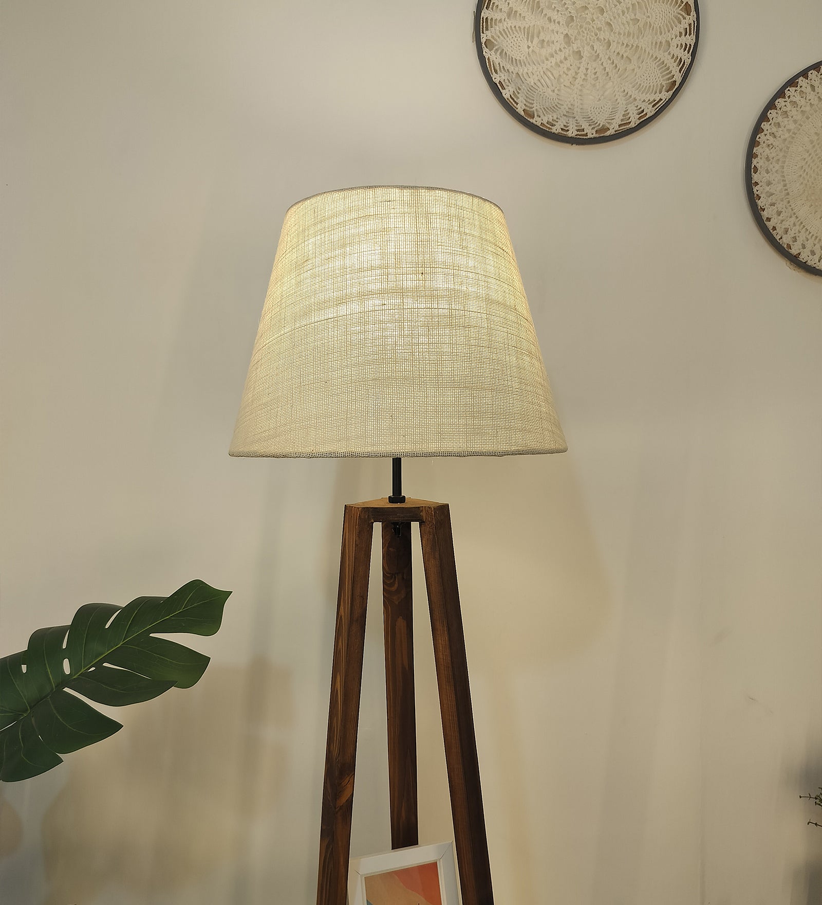 Vantage Wooden Floor Lamp with Brown Base and Jute Fabric Lampshade (BULB NOT INCLUDED)