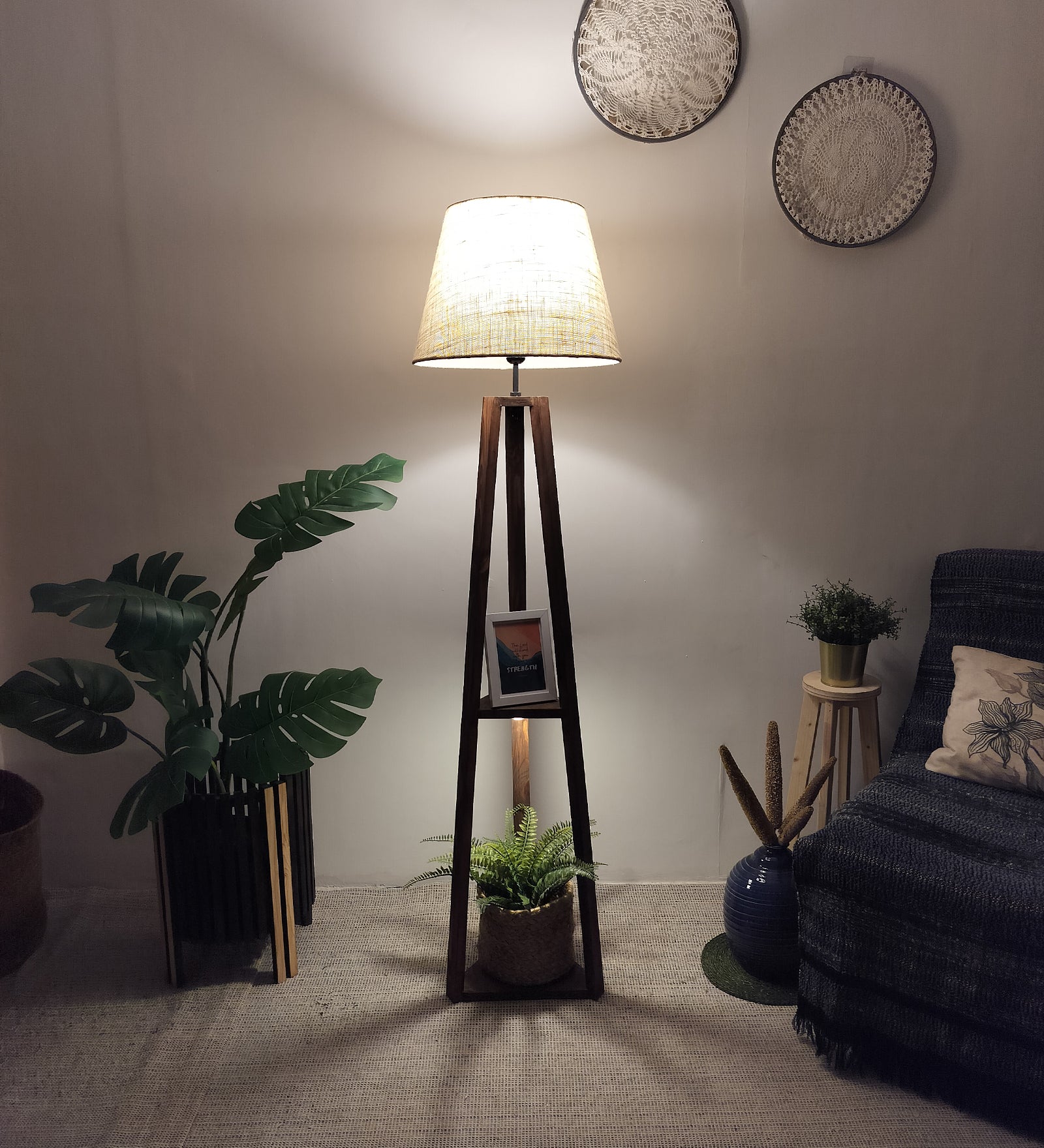 Vantage Wooden Floor Lamp with Brown Base and Jute Fabric Lampshade (BULB NOT INCLUDED)