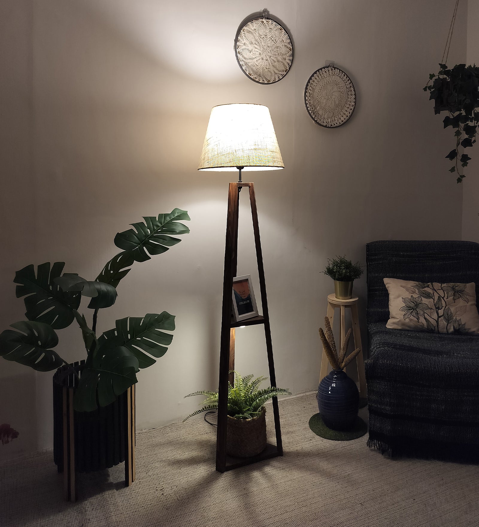Vantage Wooden Floor Lamp with Brown Base and Jute Fabric Lampshade (BULB NOT INCLUDED)