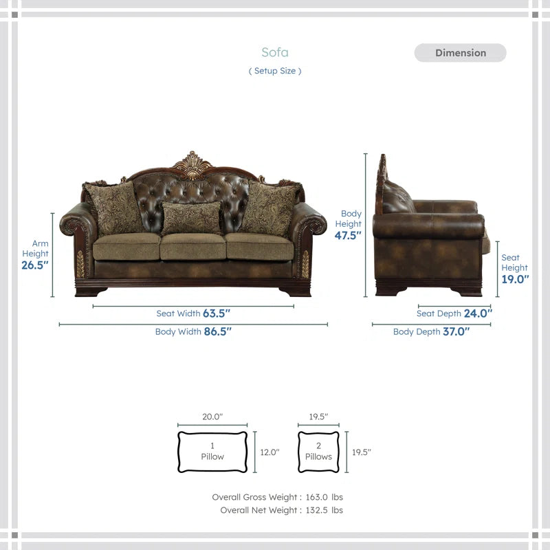 Vega 3-Piece Traditional Living Room Set - Faux leather Living Room Set, Classic Button-Tufted Detail, Sophisticated Nailhead Trim OUCH CART
