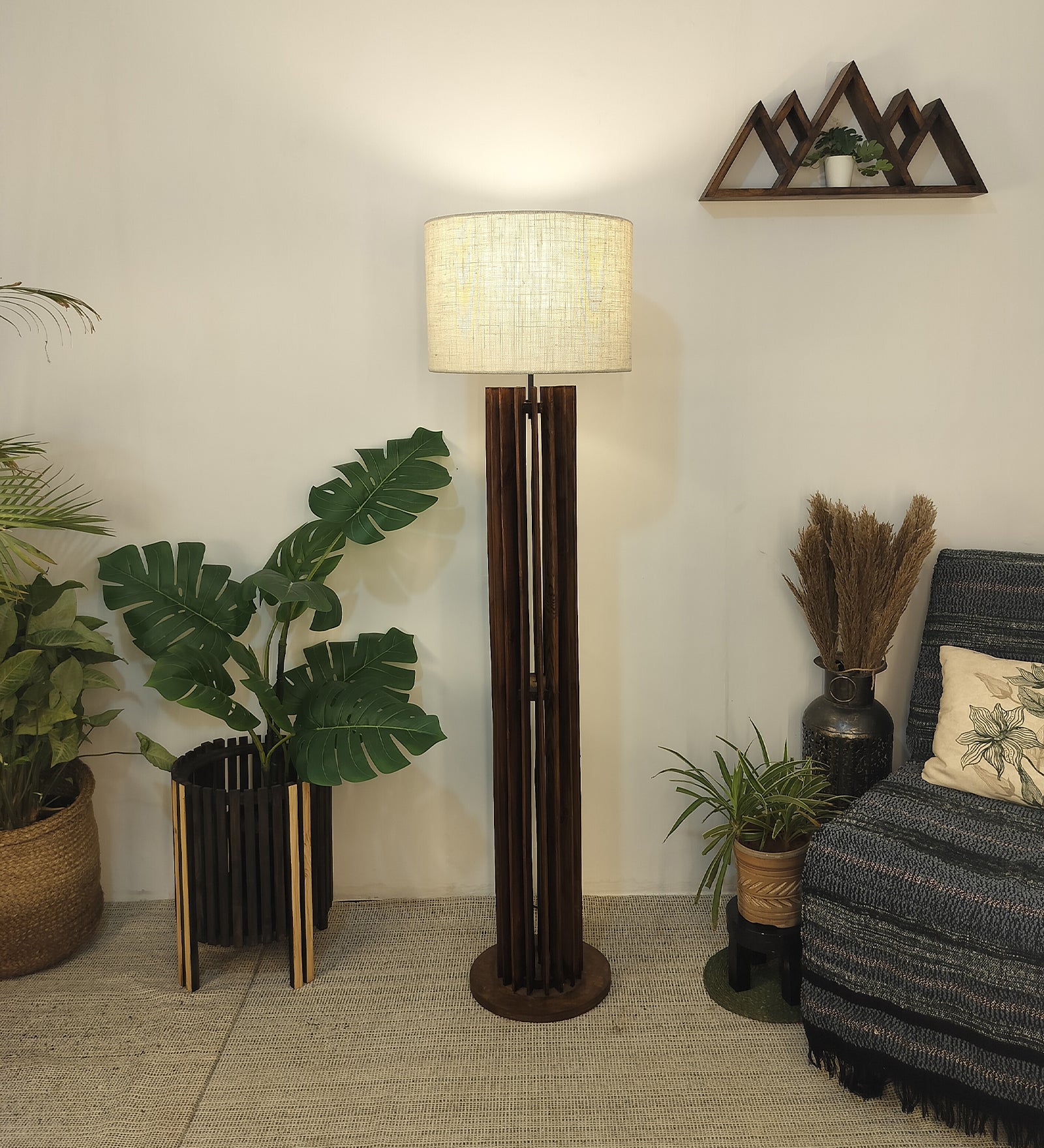 Ventus Wooden Floor Lamp with Premium Beige Fabric Lampshade (BULB NOT INCLUDED)