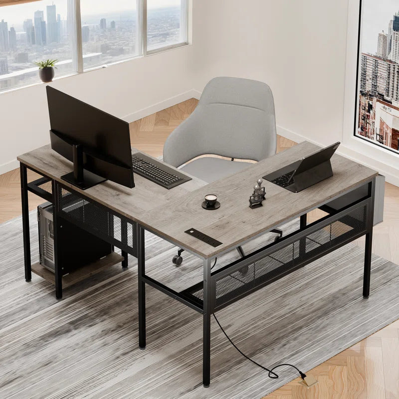 L-Shaped Reversible Computer Desk with Power Strip and Storage Bag for Home Office Ouch Cart