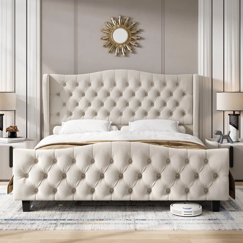 Vernita 54.3" Handmade Tufted Tall Bed Frame with Velvet Headboard, Tall Wing-Back Platform Bed