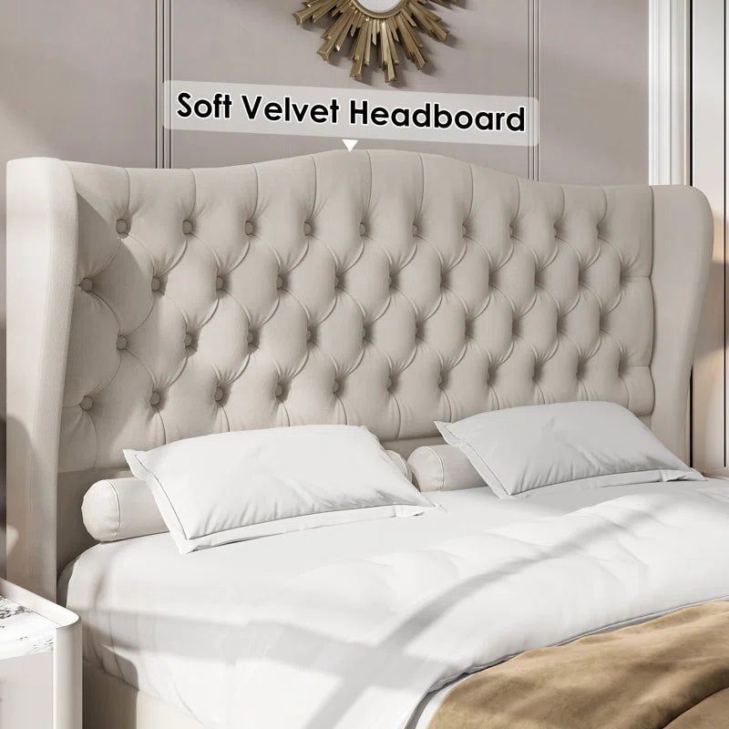 Vernita 54.3" Handmade Tufted Tall Bed Frame with Velvet Headboard, Tall Wing-Back Platform Bed OUCH CART