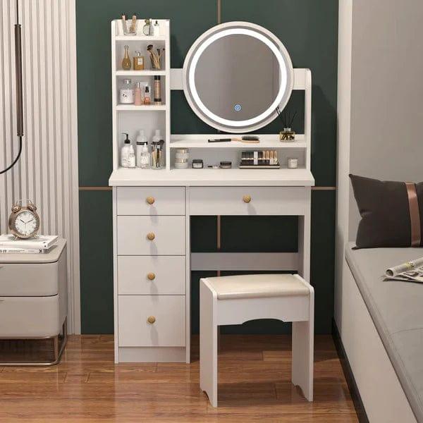 Marie Vanity Dressing Table With Storage, Makeup Desk with Round Mirror and Stool, for Girls Bedroom Vanity Table, 5 Drawers, (White) - Ouch Cart