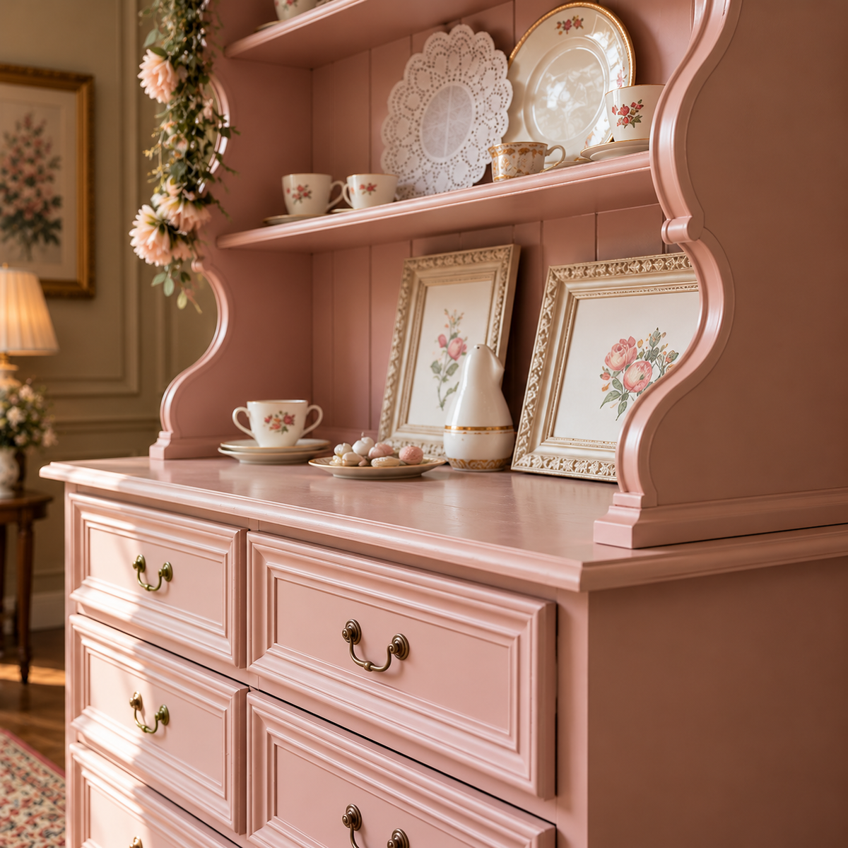 Vintage Blush Pink Wooden Hutch Cabinet with 6 Drawers & Open Display Shelves | French Country Furniture