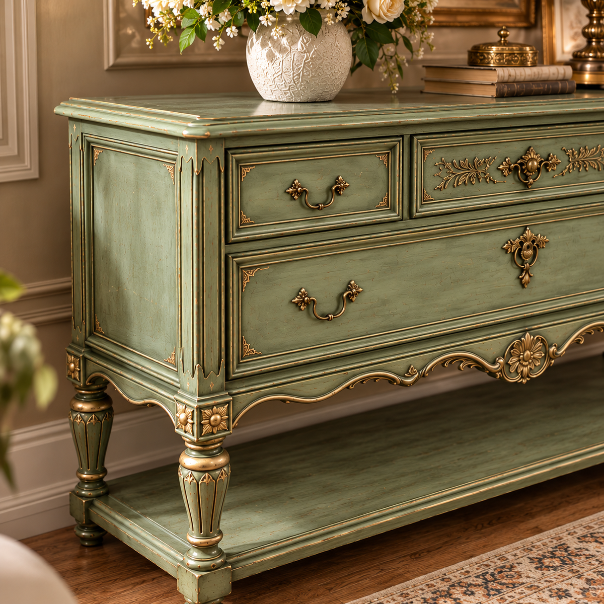 Vintage Sage Green Console Table with 4 Drawers & Lower Shelf | French Provincial Antique-Style Furniture