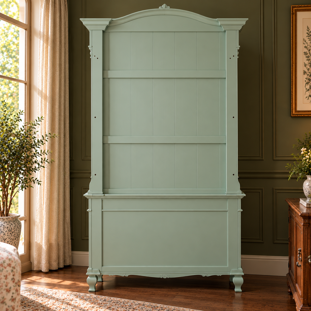 Vintage Sage Green French Country Writing Desk with Hutch, Open Shelves & Drawers
