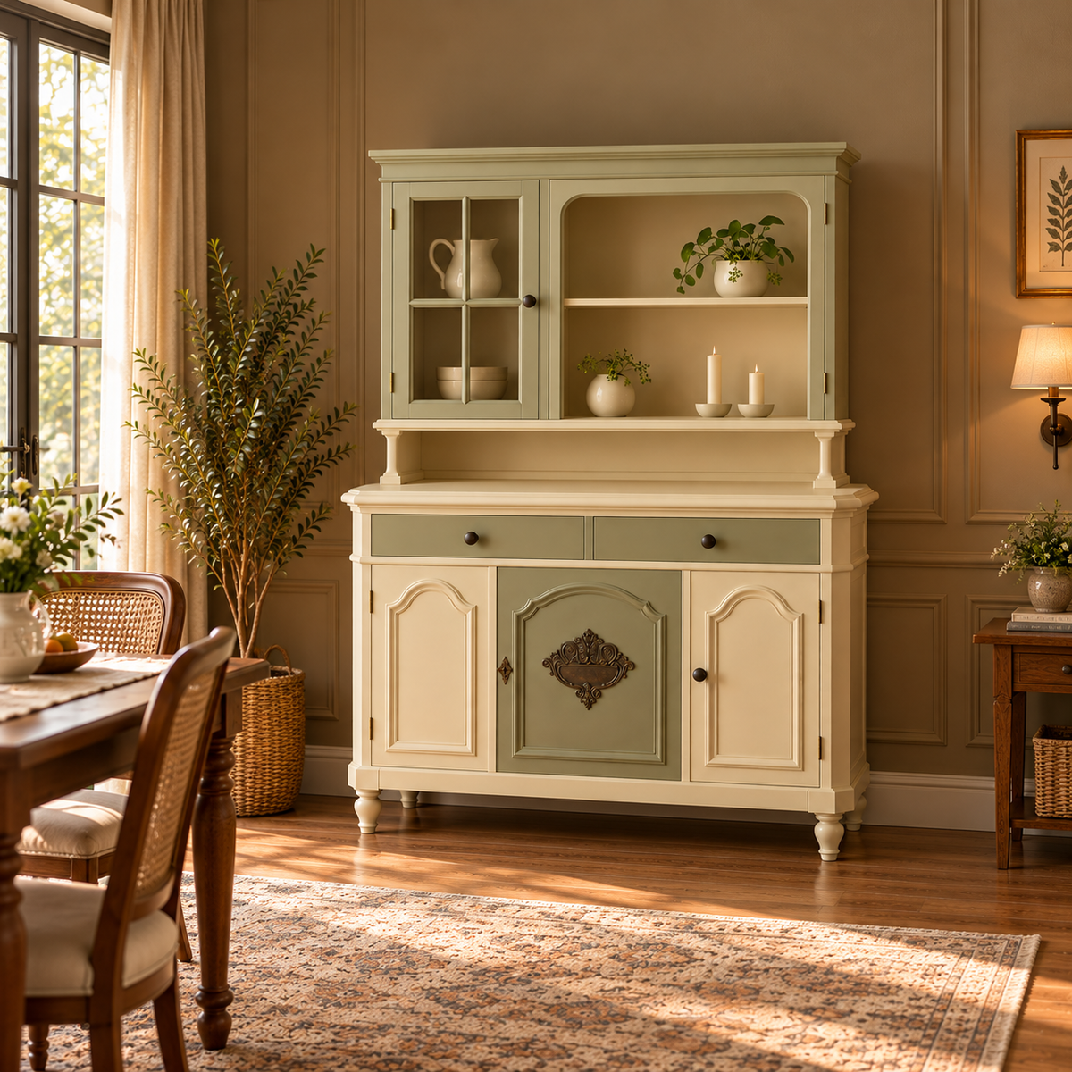 Vintage Sage Green and Cream Crockery Cabinet with Glass Doors, 2 Drawers & 3-Door Storage | French Country Hutch