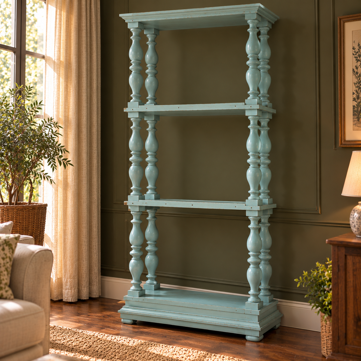 Vintage Teal Blue Wooden Display Shelf with Turned Spindles Coastal Farmhouse Open Bookshelf