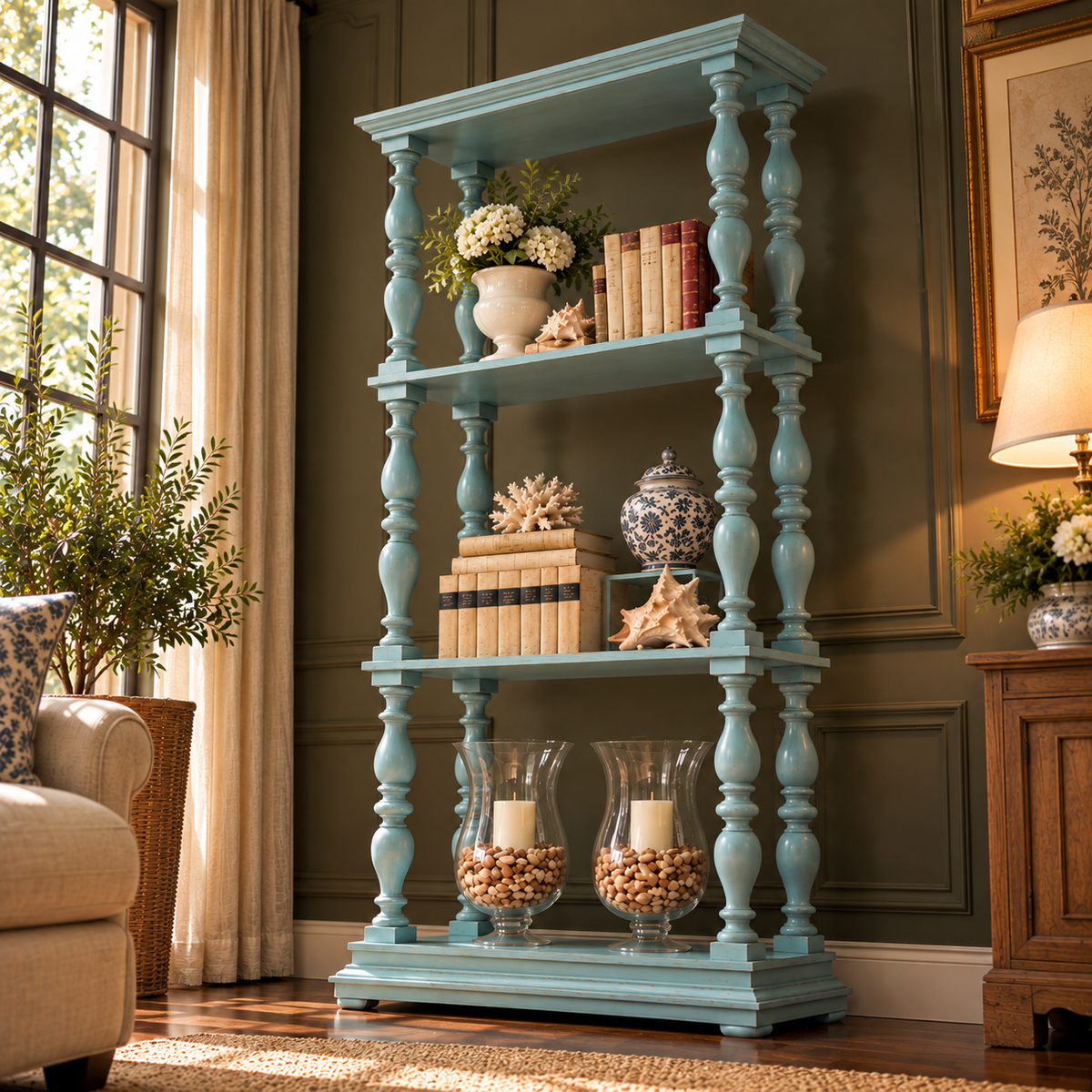 Vintage Teal Blue Wooden Display Shelf with Turned Spindles Coastal Farmhouse Open Bookshelf