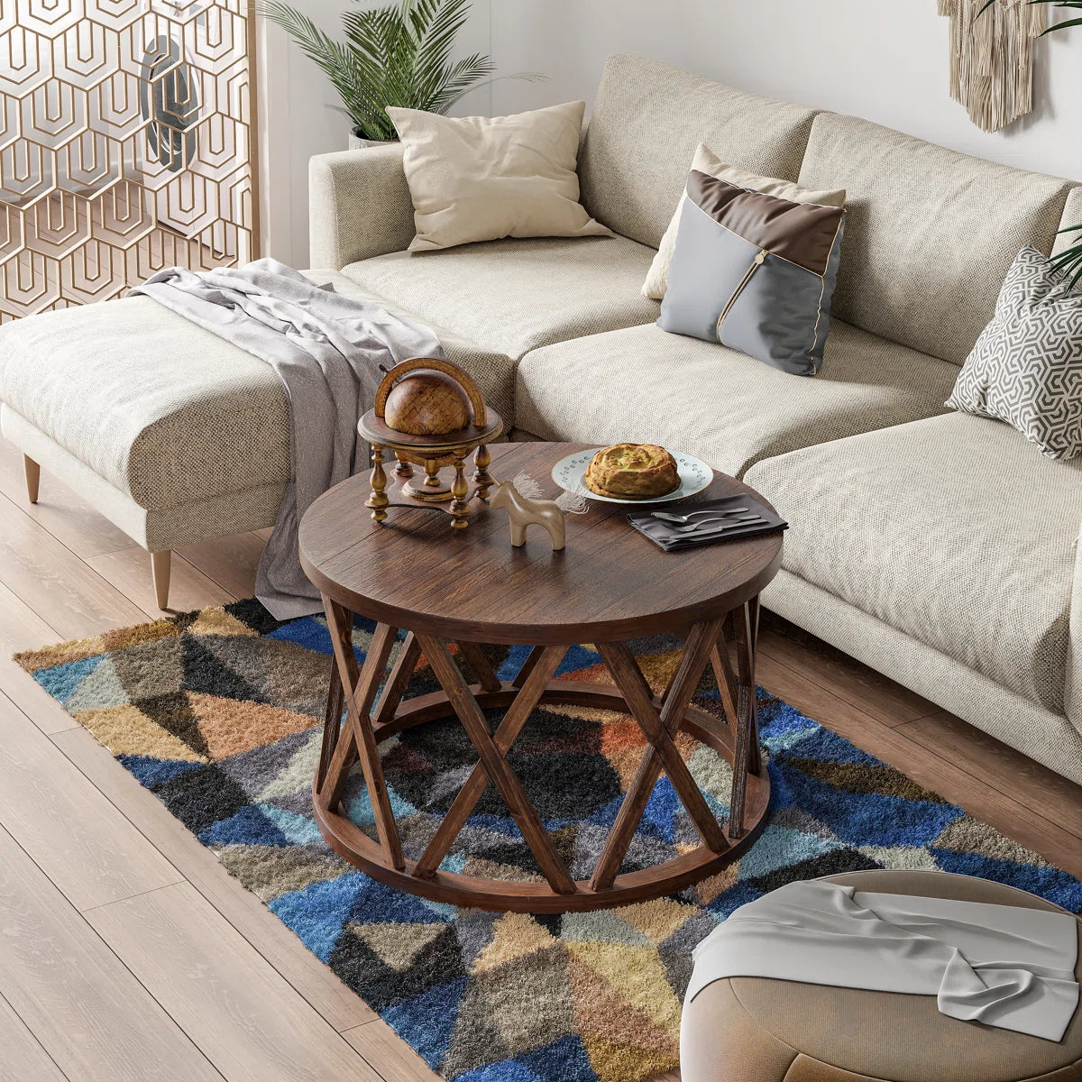 Viradis Farmhouse Coffee Table, Rustic Round Coffee Table with X-Motifs Legs, Wood Textured Top-OUCH CART | Coffee able