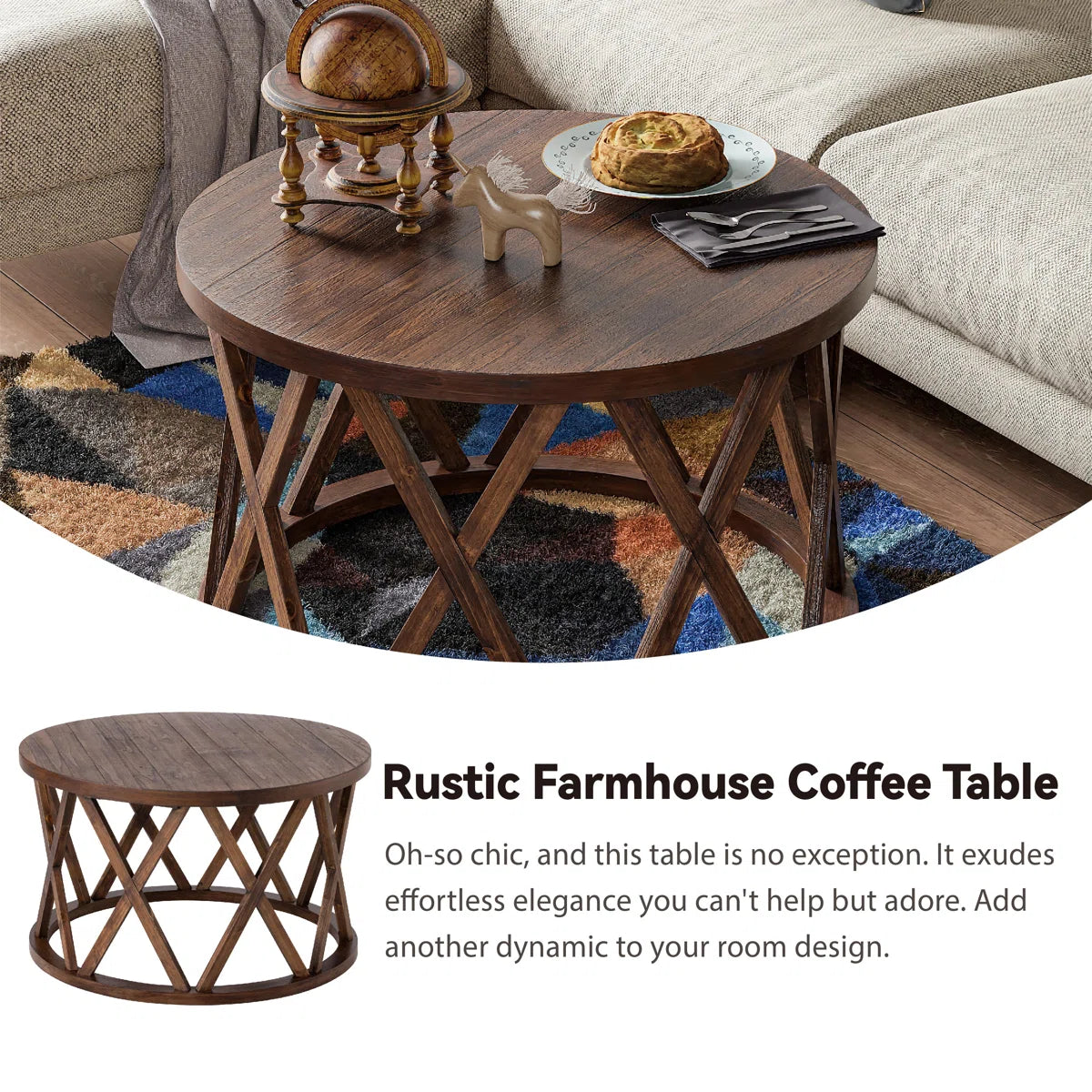Viradis Farmhouse Coffee Table, Rustic Round Coffee Table with X-Motifs Legs, Wood Textured Top-OUCH CART | Coffee able