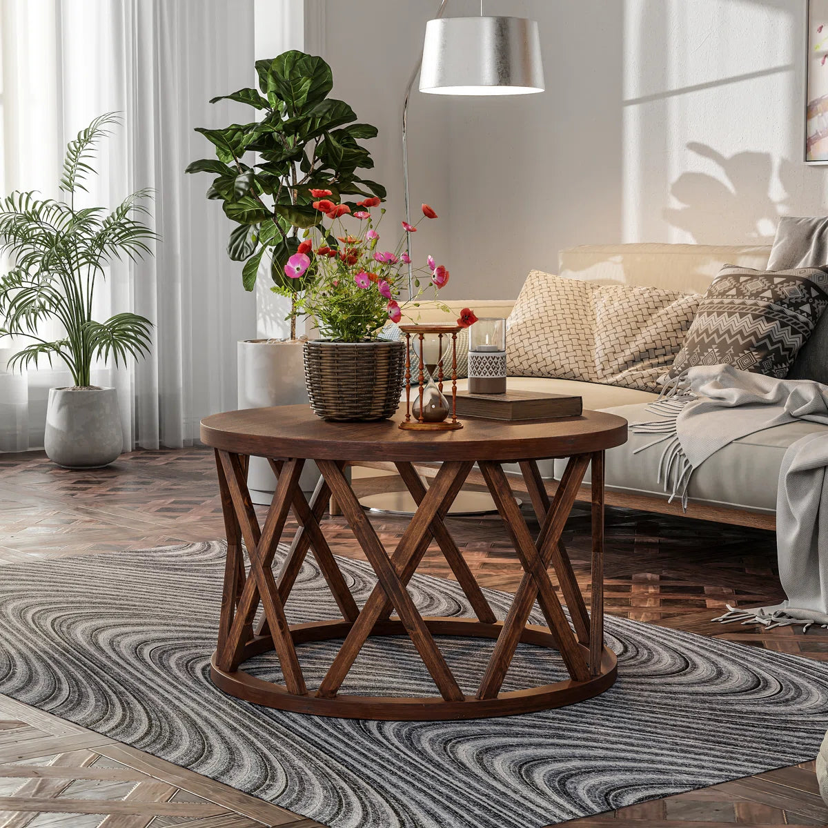 Viradis Farmhouse Coffee Table, Rustic Round Coffee Table with X-Motifs Legs, Wood Textured Top