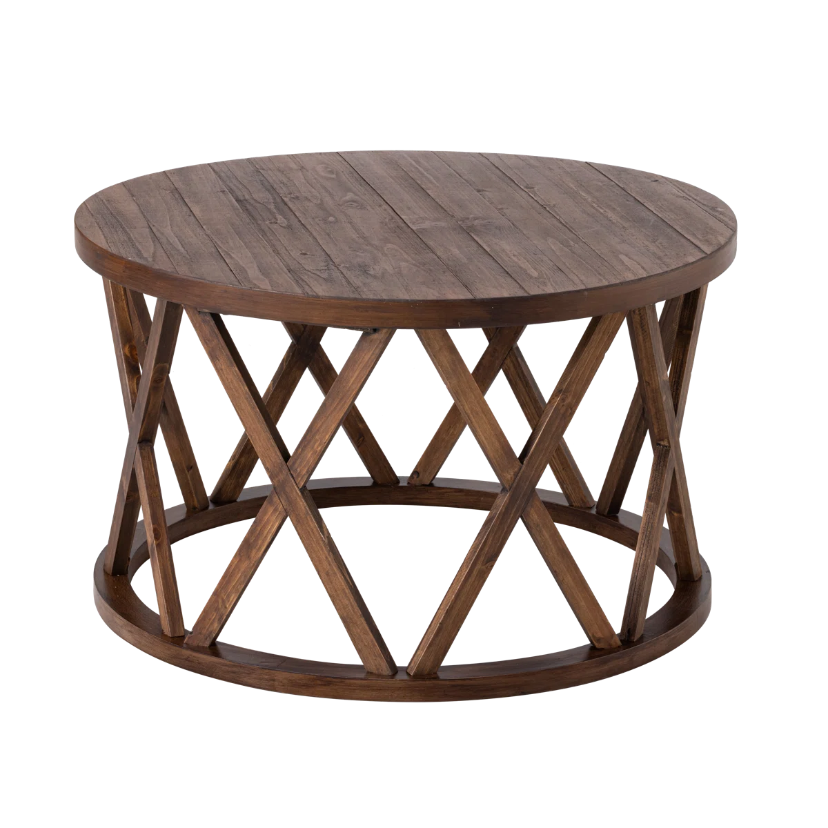 Viradis Farmhouse Coffee Table, Rustic Round Coffee Table with X-Motifs Legs, Wood Textured Top