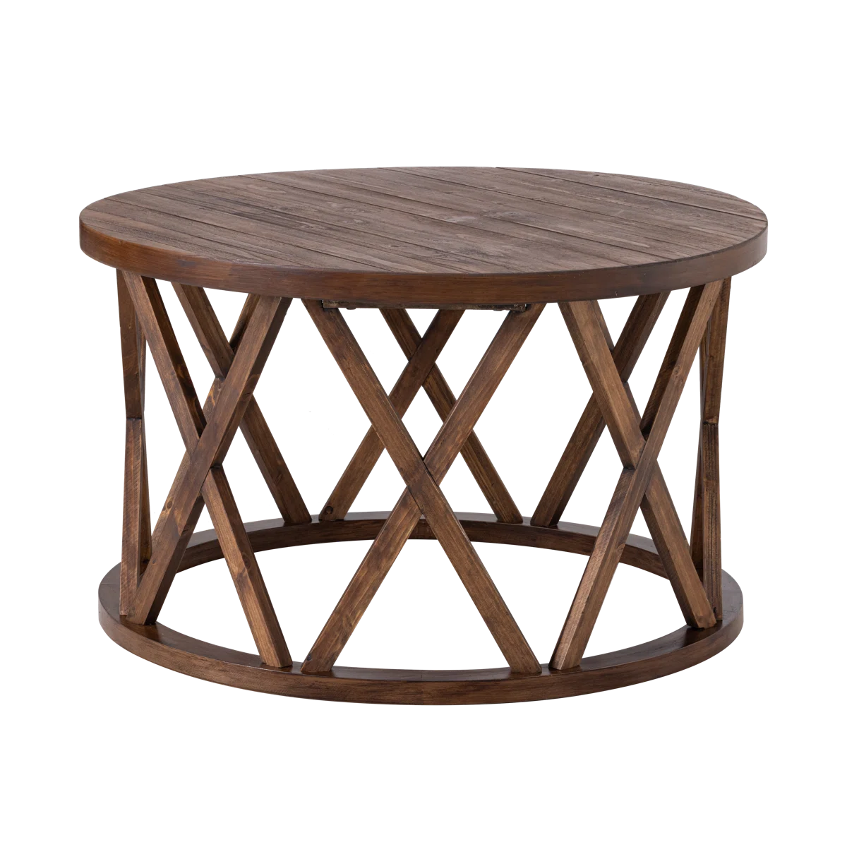 Viradis Farmhouse Coffee Table, Rustic Round Coffee Table with X-Motifs Legs, Wood Textured Top