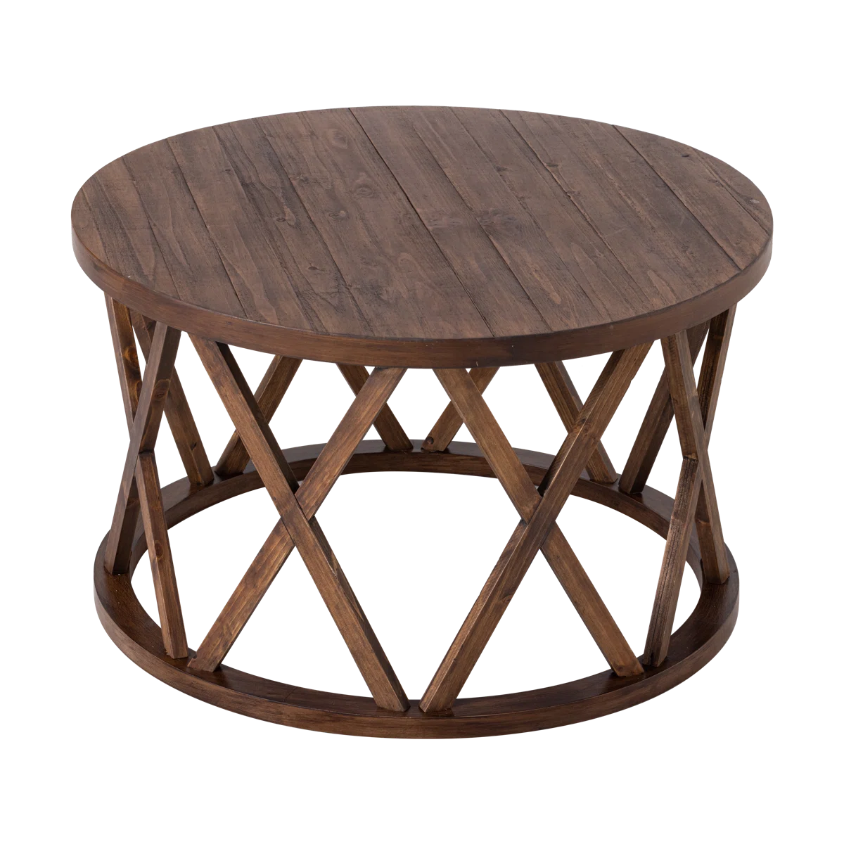 Viradis Farmhouse Coffee Table, Rustic Round Coffee Table with X-Motifs Legs, Wood Textured Top-OUCH CART | Coffee able