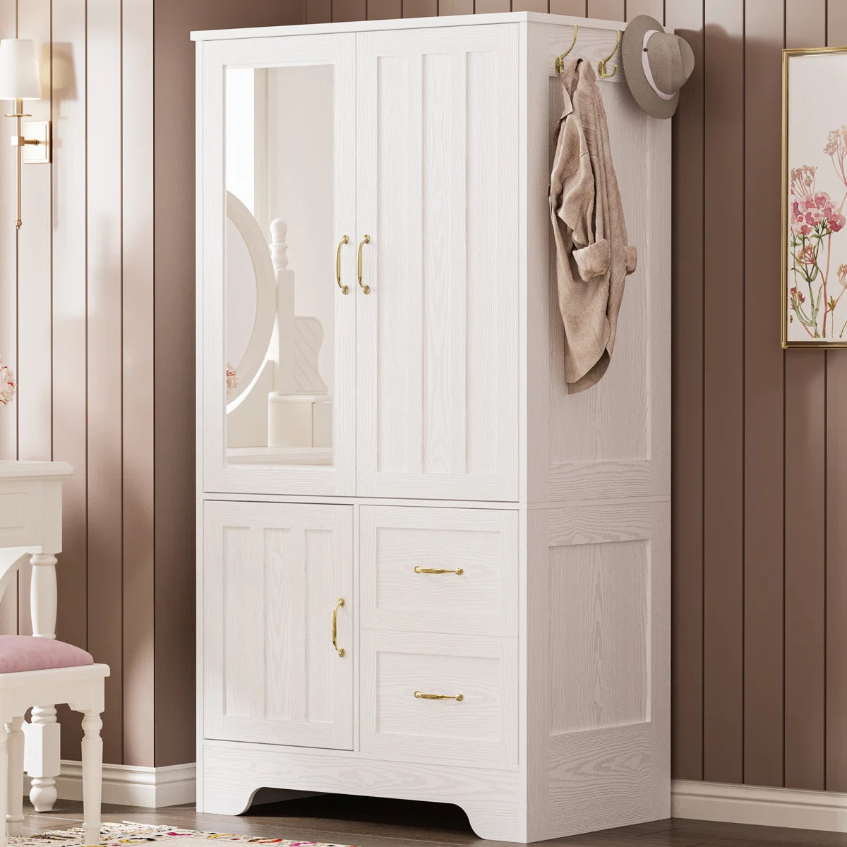 Wardrobe Closet With Mirror And Doors And Drawers And Shelves, Wooden Armoire Storage Cabinet With Hanging Rod For Bedroom, White