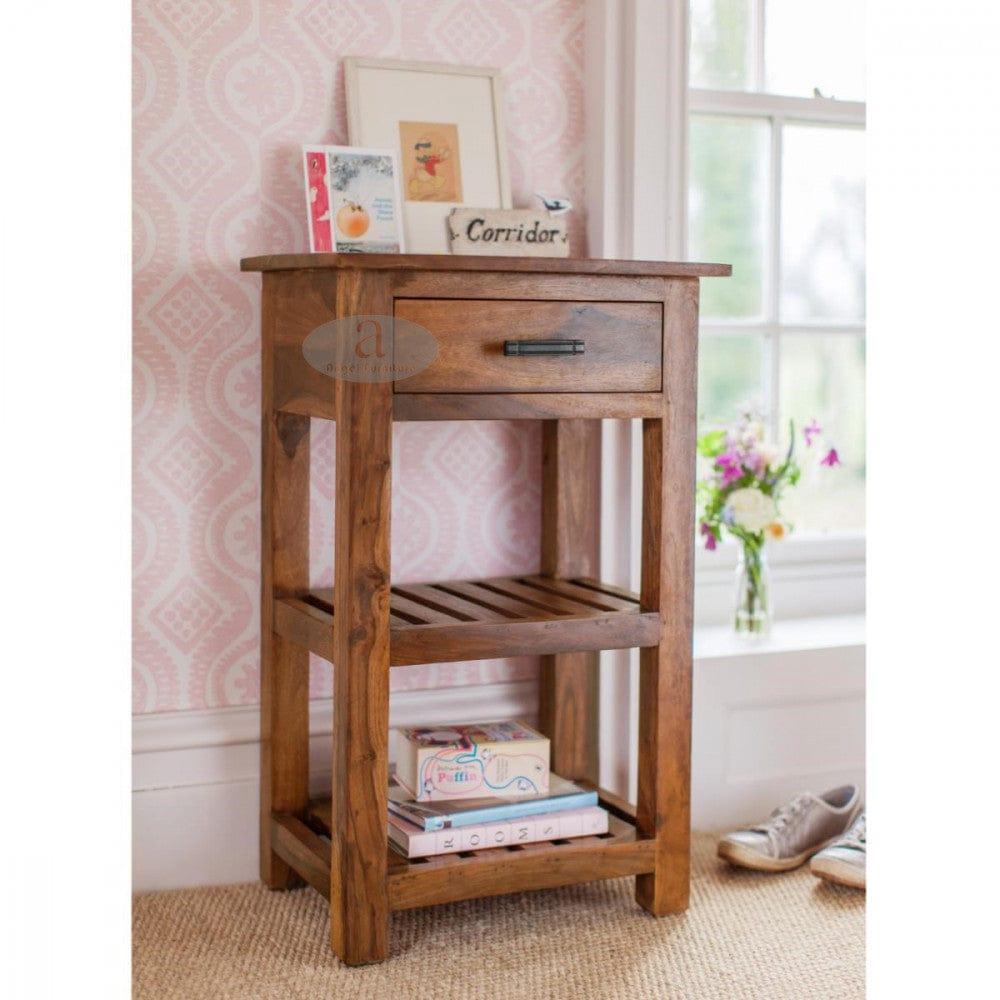 Boston Tallboy Corner table with drawer in honey finish - Ouch Cart