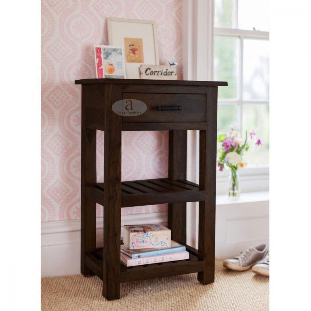 Tallboy Corner table with drawer in walnut finish - Ouch Cart