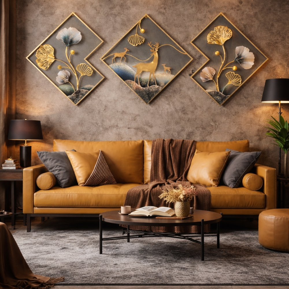 Metal Wall Art Set of 3 Golden Ginkgo Leaves With Deer Wall Hanging Metal Wall Decor with Frame Wall Decor For Living Room Wall Sculpture for Bedroom Office National Handicraft Town