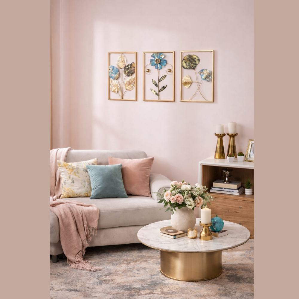 Metal Wall Art Set – 3D Flower & Leaf Design, Gold and Blue Finish, Framed Home Wall Decor National Handicraft Town